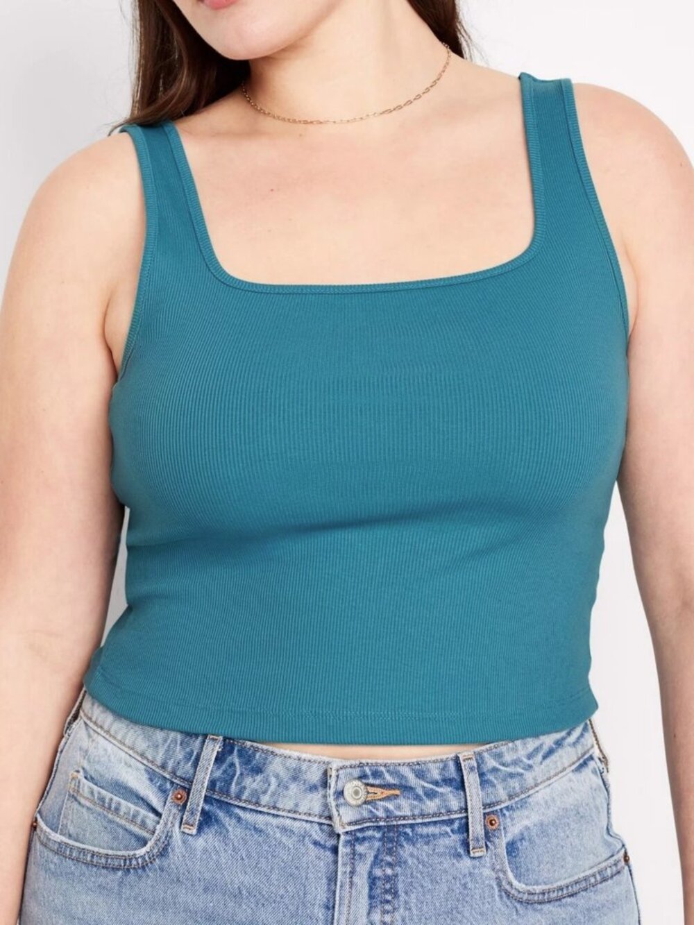 Old Navy Ultra Crop Square Neck Rib Knit Cropped Tank Top Teal Blue Stretch 2X